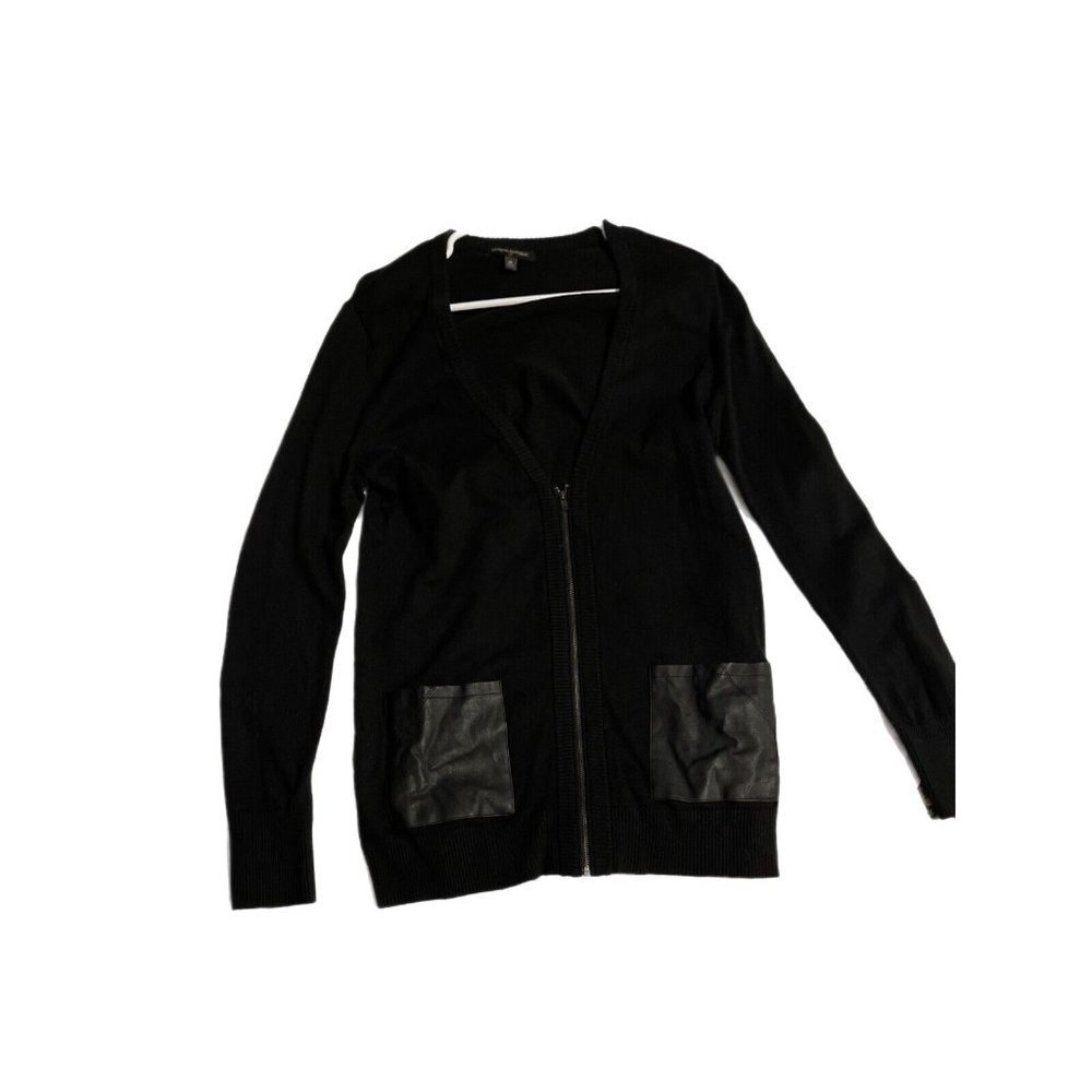 Banana Republic Cardigan Faux Leather Pockets Black Cotton Rayon Wool Med Zip Up